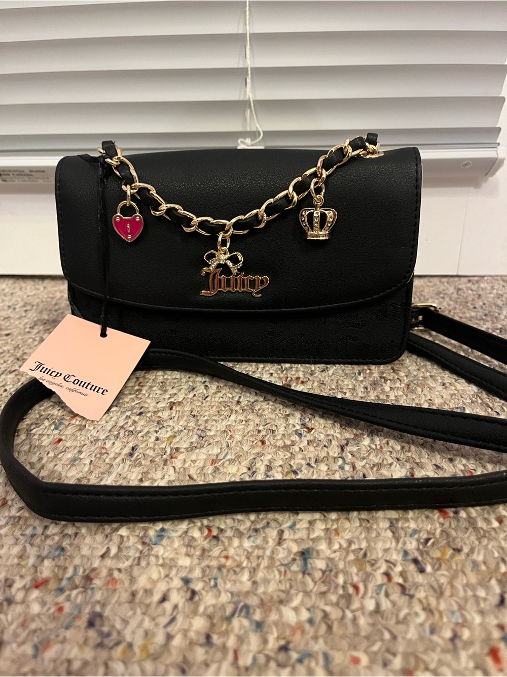 Juicy Couture Black Crossbody with Gold Charm Chain and Pink Heart